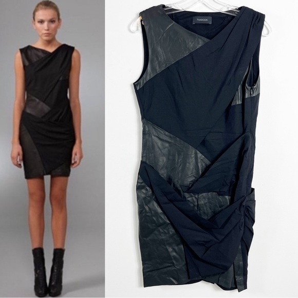 Thakoon Sleeveless Bandage Wool Leather Draped Mini Dress Black